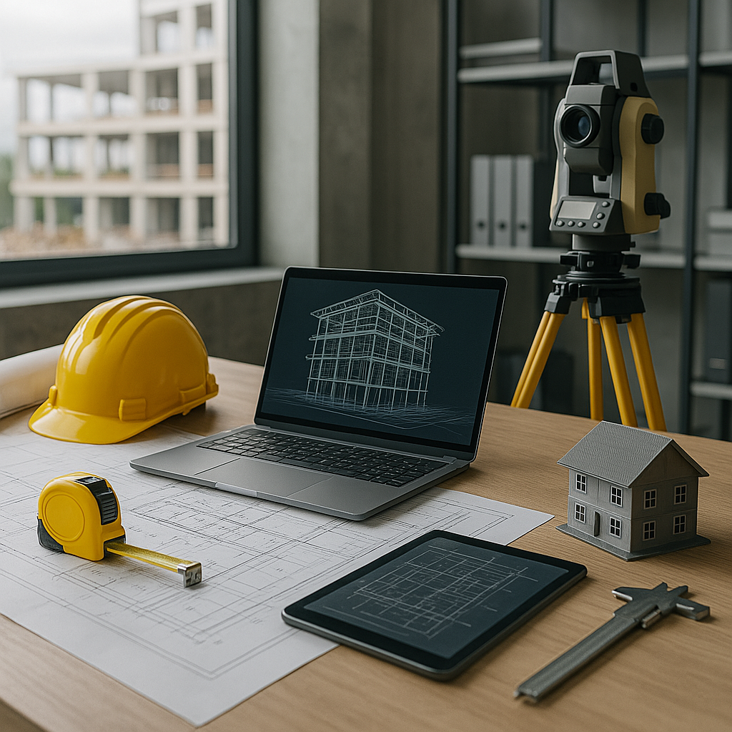 Detailaufnahme eines Architekturtischs mit Bauplänen, 3D-Modell und digitalen Vermessungsgeräten, im Hintergrund ein modernes Baustellenpanorama.